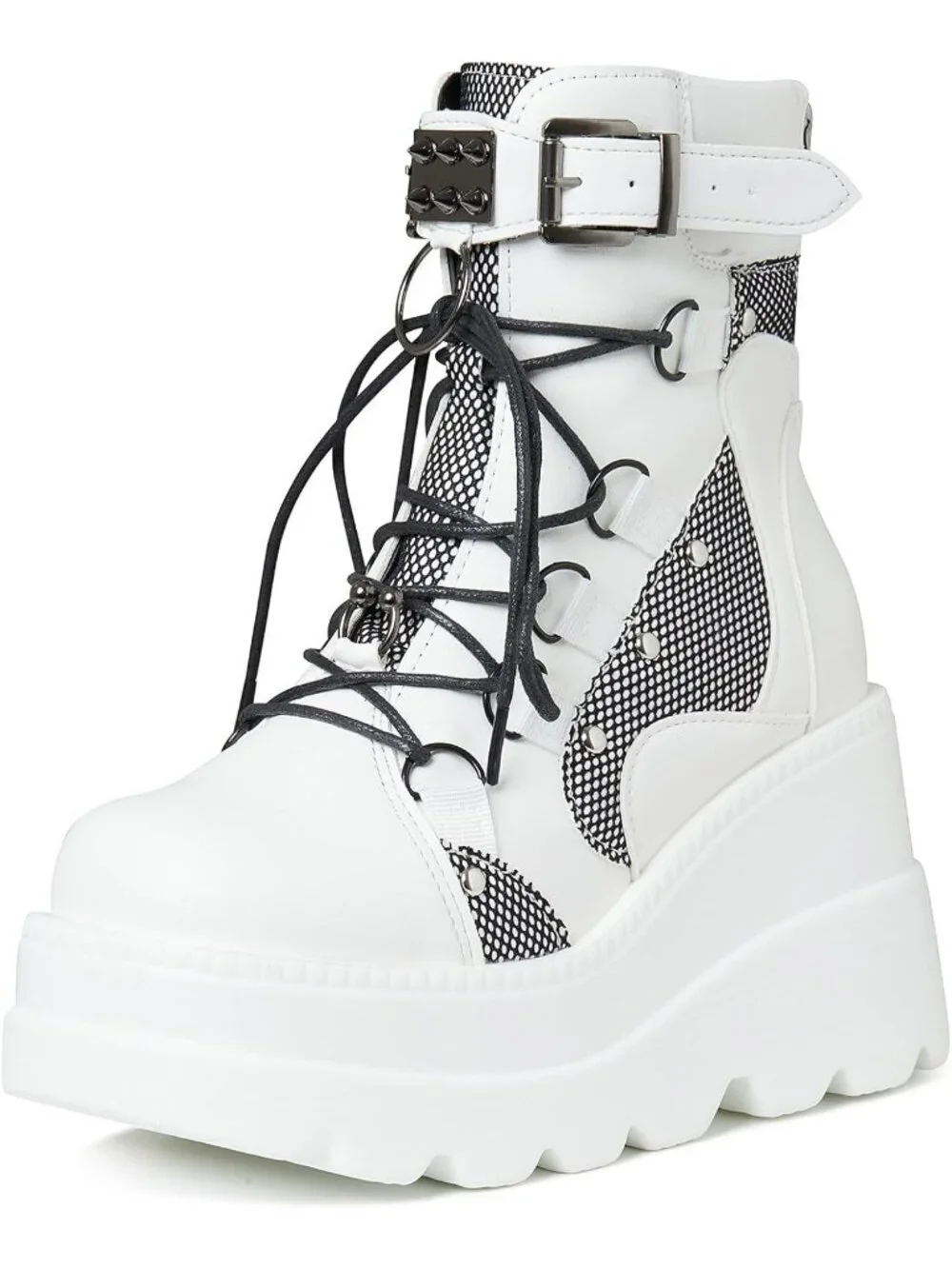 Women's White Polyurethane Platform Chunky Stylish Lace Up Round Toe Ankle Boots